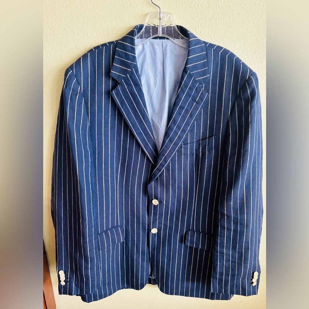 Robert Talbott Carmel 100% Blue & White Striped Linen Blazer Vintage Size: XL